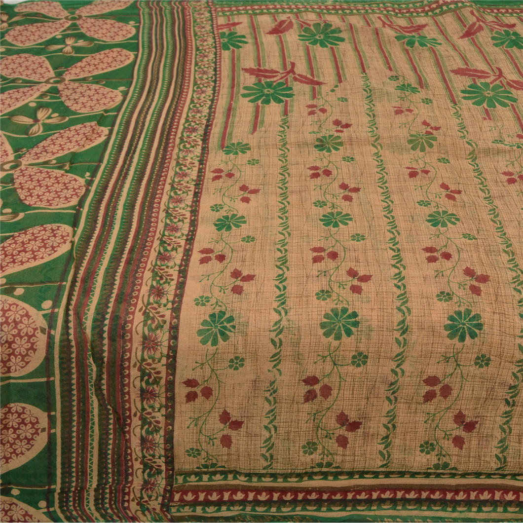 Sanskriti Vintage Sarees Indian Pale-Cream Pure Cotton Printed Sari Craft Fabric
