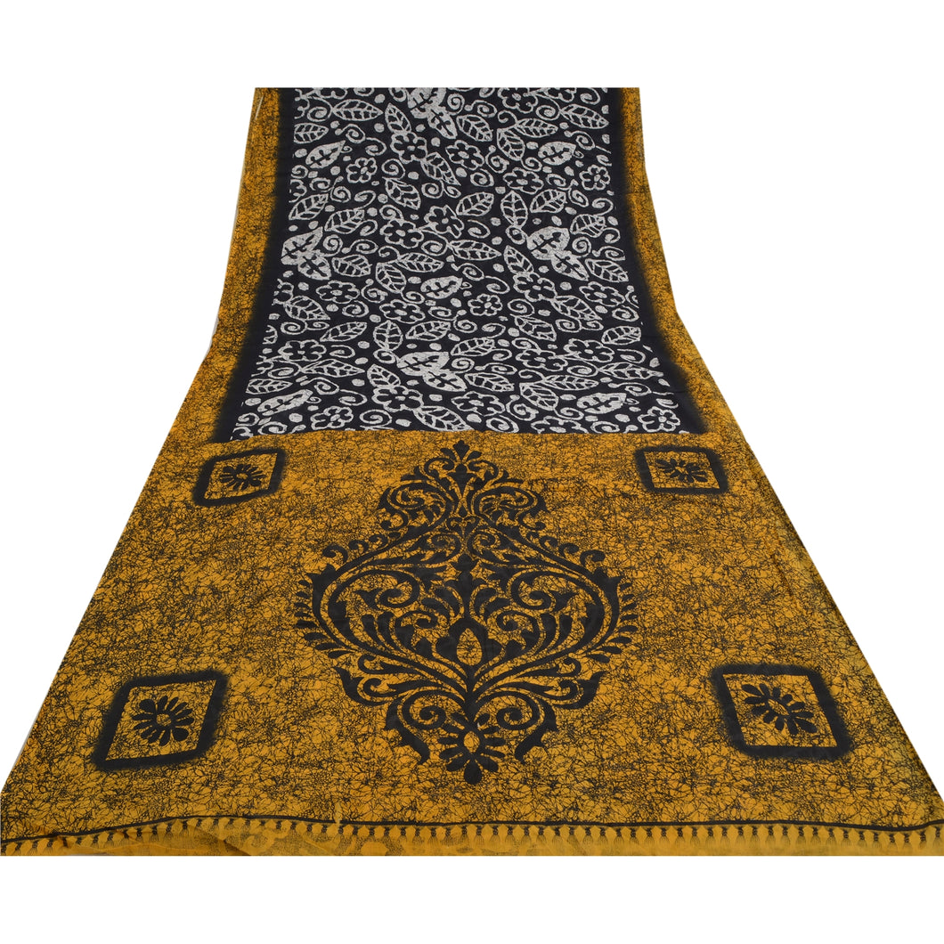 Sanskriti Vintage Sarees Black/Yellow Batik Print Pure Cotton Sari Craft Fabric