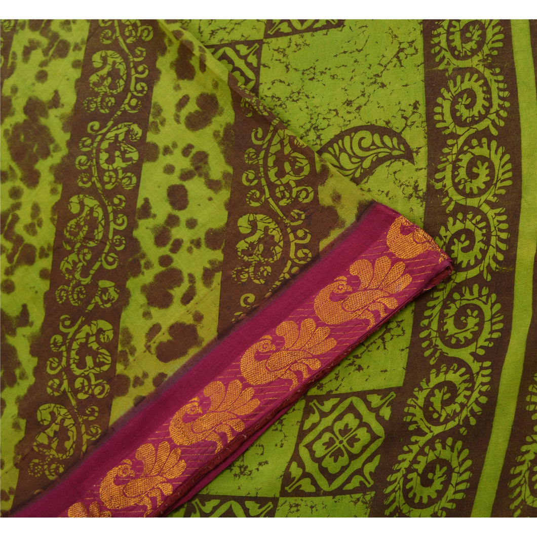 Sanskriti Vintage Sarees Green Batik Print Peacock Woven Pure Cotton Sari Fabric