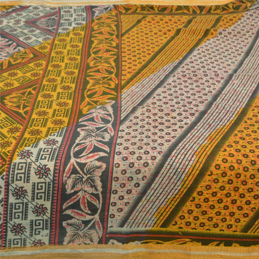 Sanskriti Vintage Sarees Yellow/Ivory Pure Cotton Printed Sari 5yd Craft Sustainable Fabric