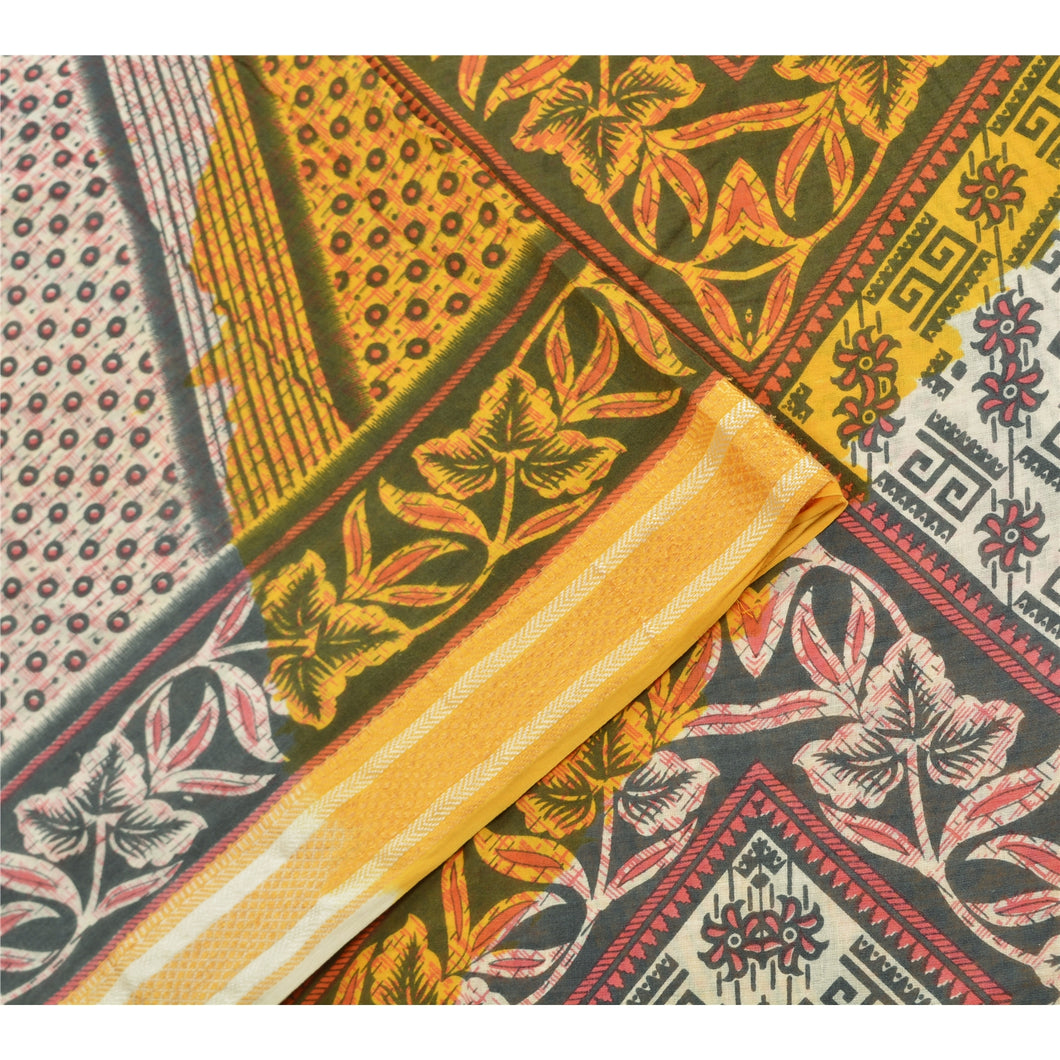 Sanskriti Vintage Sarees Yellow/Ivory Pure Cotton Printed Sari 5yd Craft Fabric