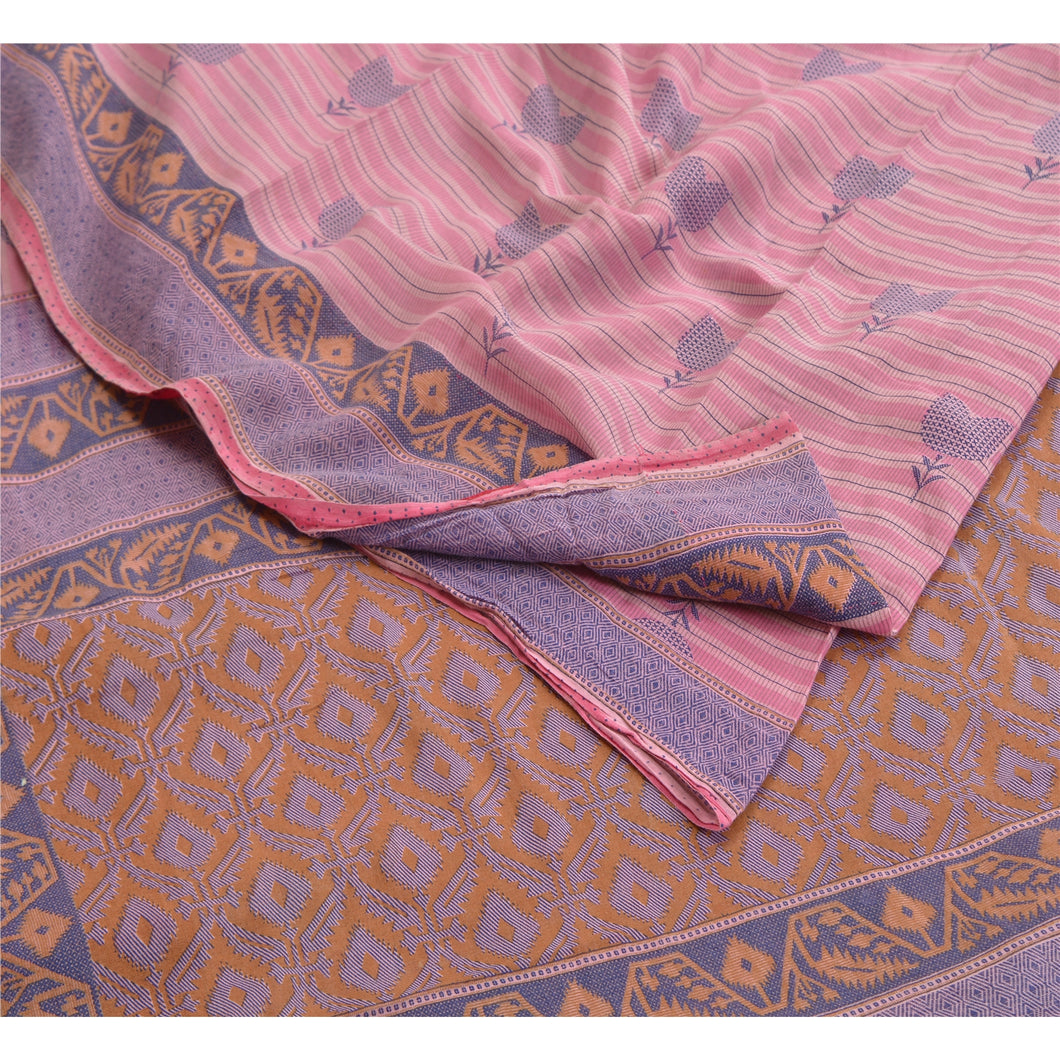 Sanskriti Vintage Sarees Pink/Blue 100% Pure Cotton Printed Sari Craft Fabric