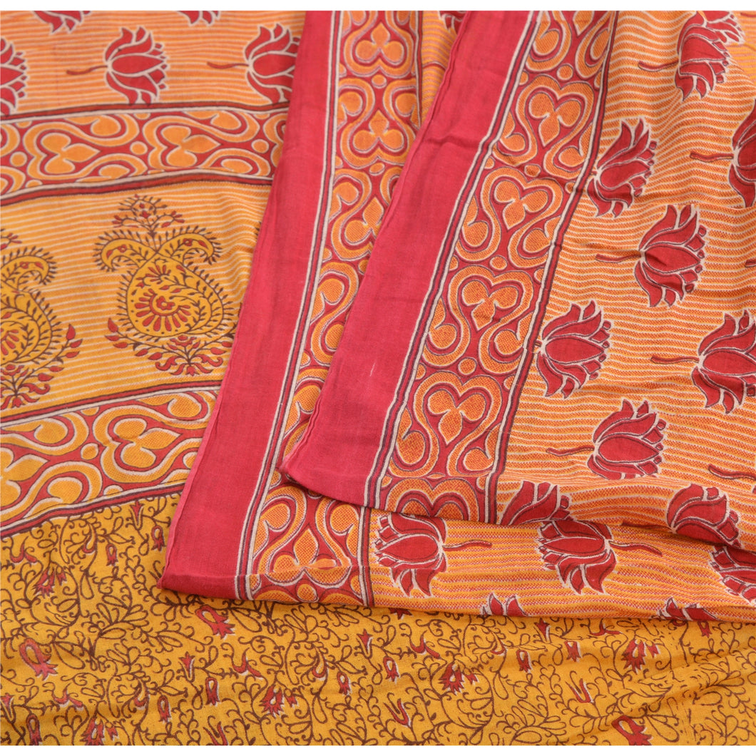 Sanskriti Vintage Sarees Indian Yellow/Red Pure Cotton Printed Sari Craft Fabric