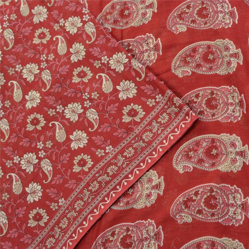 Sanskriti Vintage Sarees Red Kalamkari Printed Pure Cotton Sari 5yd Craft Fabric