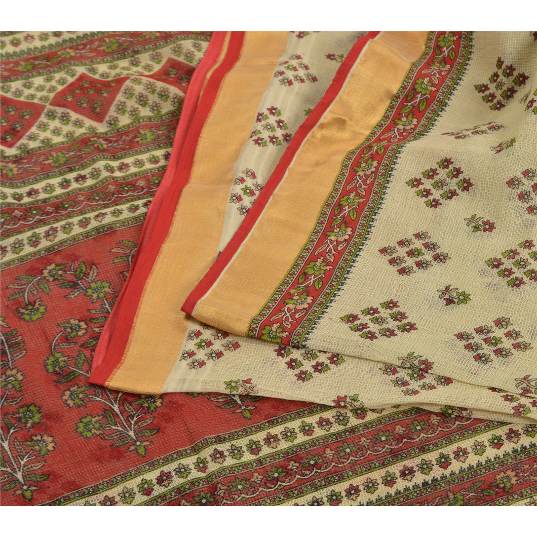 Sanskriti Vintage Sarees Cream/Red Kota Pure Cotton Printed Sari Craft Fabric