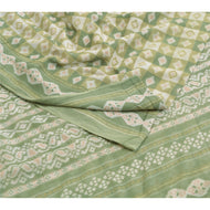 Sanskriti Vintage Sarees Cream/Green Ikat Printed Pure Cotton Sari Craft Fabric