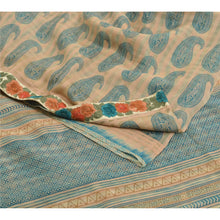 Load image into Gallery viewer, Sanskriti Vintage Sarees Cream Block Printed Pure Cotton Sari 5yd Craft Fabric
