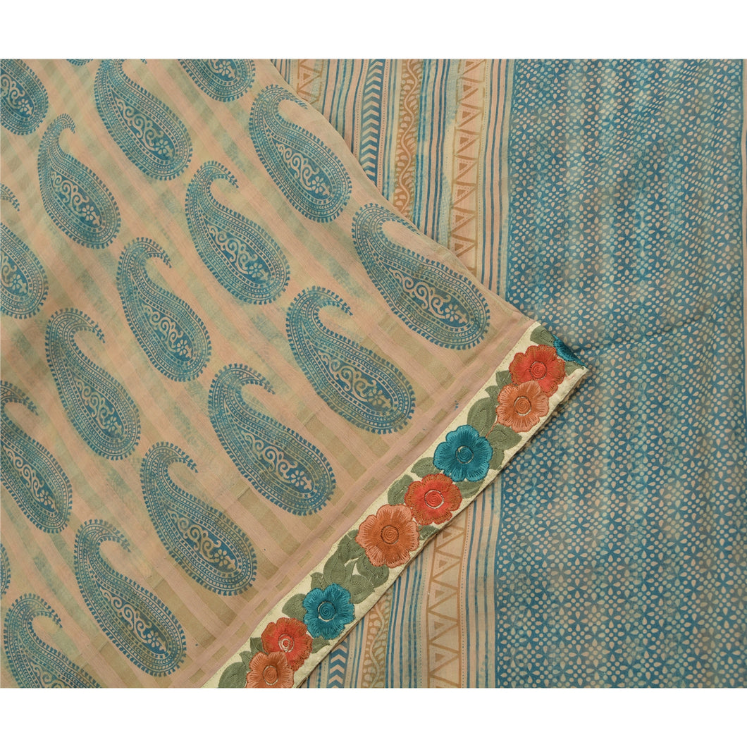 Sanskriti Vintage Sarees Cream Block Printed Pure Cotton Sari 5yd Craft Fabric