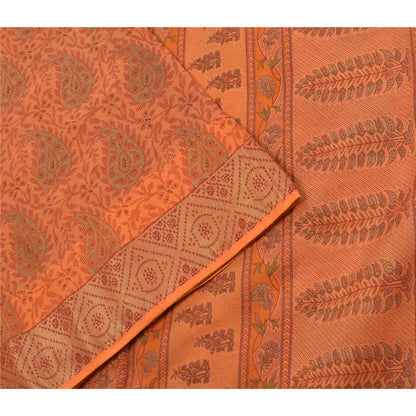Sanskriti Vintage Sarees Saffon Printed 100% Pure Cotton Sari 5yd Craft Sustainable Fabric