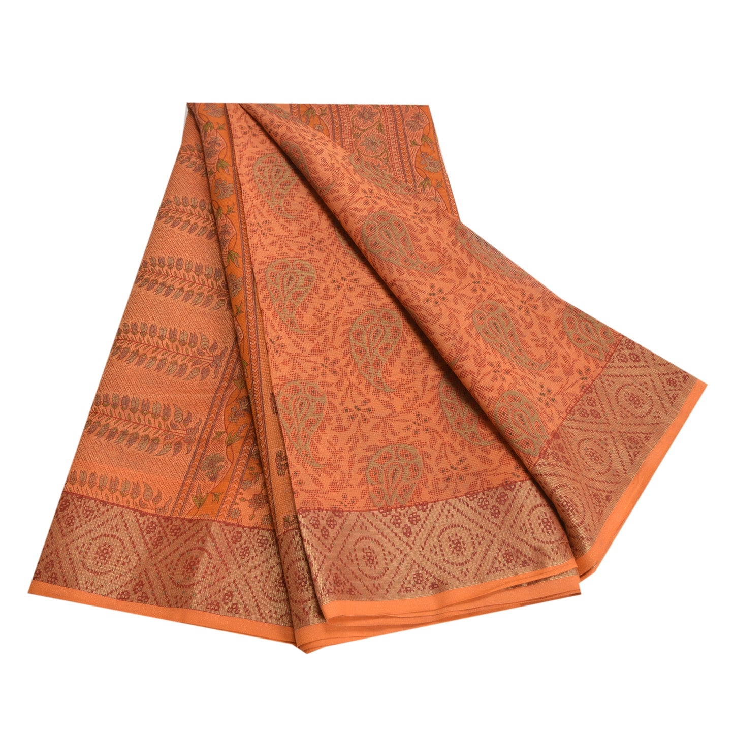 Sanskriti Vintage Sarees Saffon Printed 100% Pure Cotton Sari 5yd Craft Sustainable Fabric