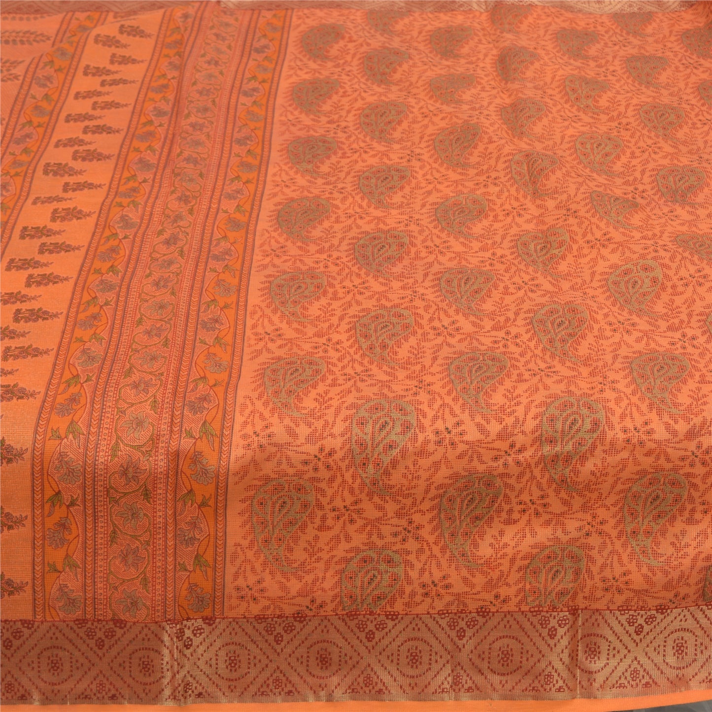 Sanskriti Vintage Sarees Saffon Printed 100% Pure Cotton Sari 5yd Craft Sustainable Fabric
