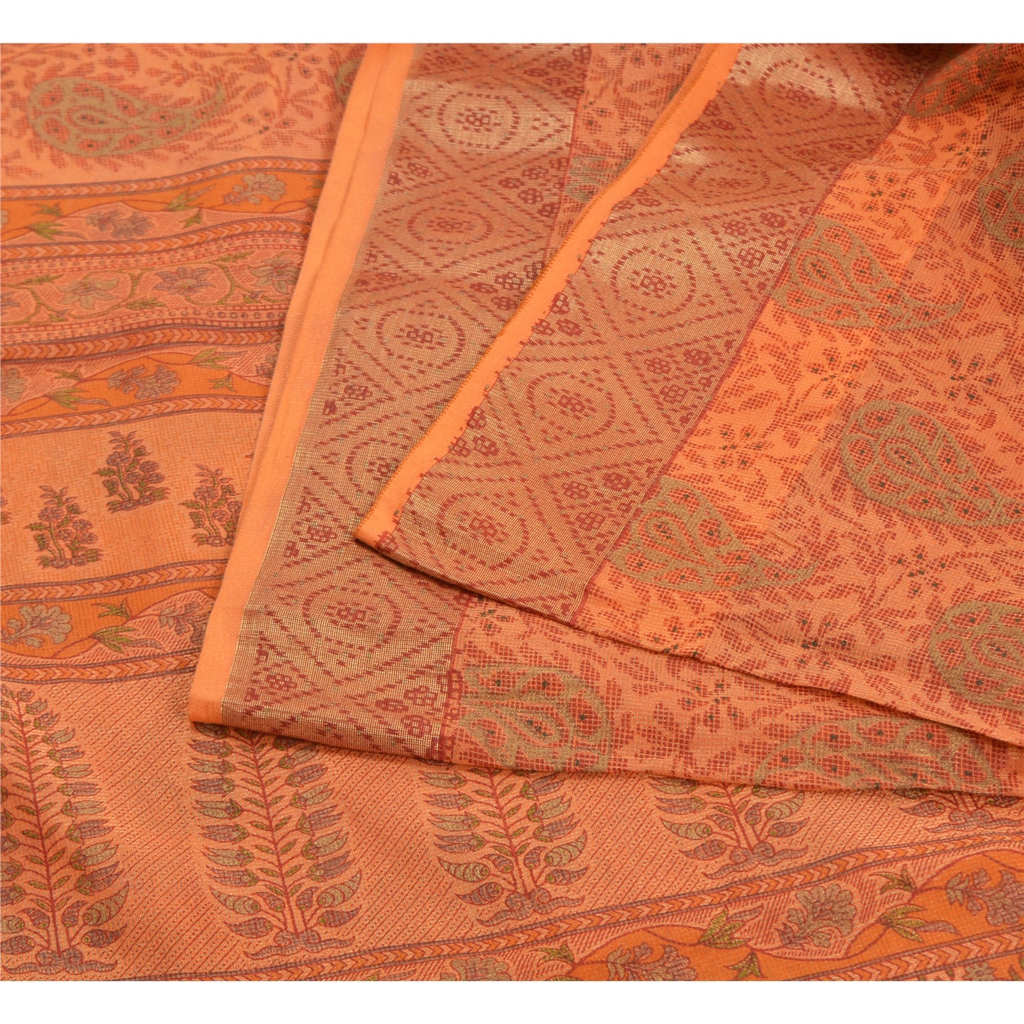 Sanskriti Vintage Sarees Saffon Printed 100% Pure Cotton Sari 5yd Craft Sustainable Fabric