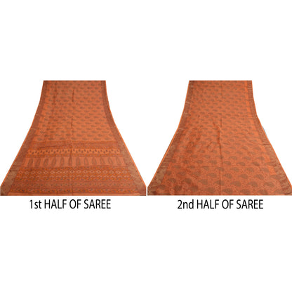 Sanskriti Vintage Sarees Saffon Printed 100% Pure Cotton Sari 5yd Craft Sustainable Fabric