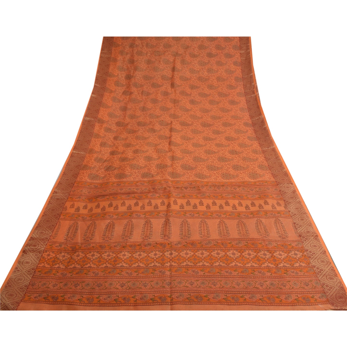 Sanskriti Vintage Sarees Saffon Printed 100% Pure Cotton Sari 5yd Craft Sustainable Fabric