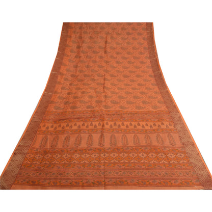 Sanskriti Vintage Sarees Saffon Printed 100% Pure Cotton Sari 5yd Craft Sustainable Fabric