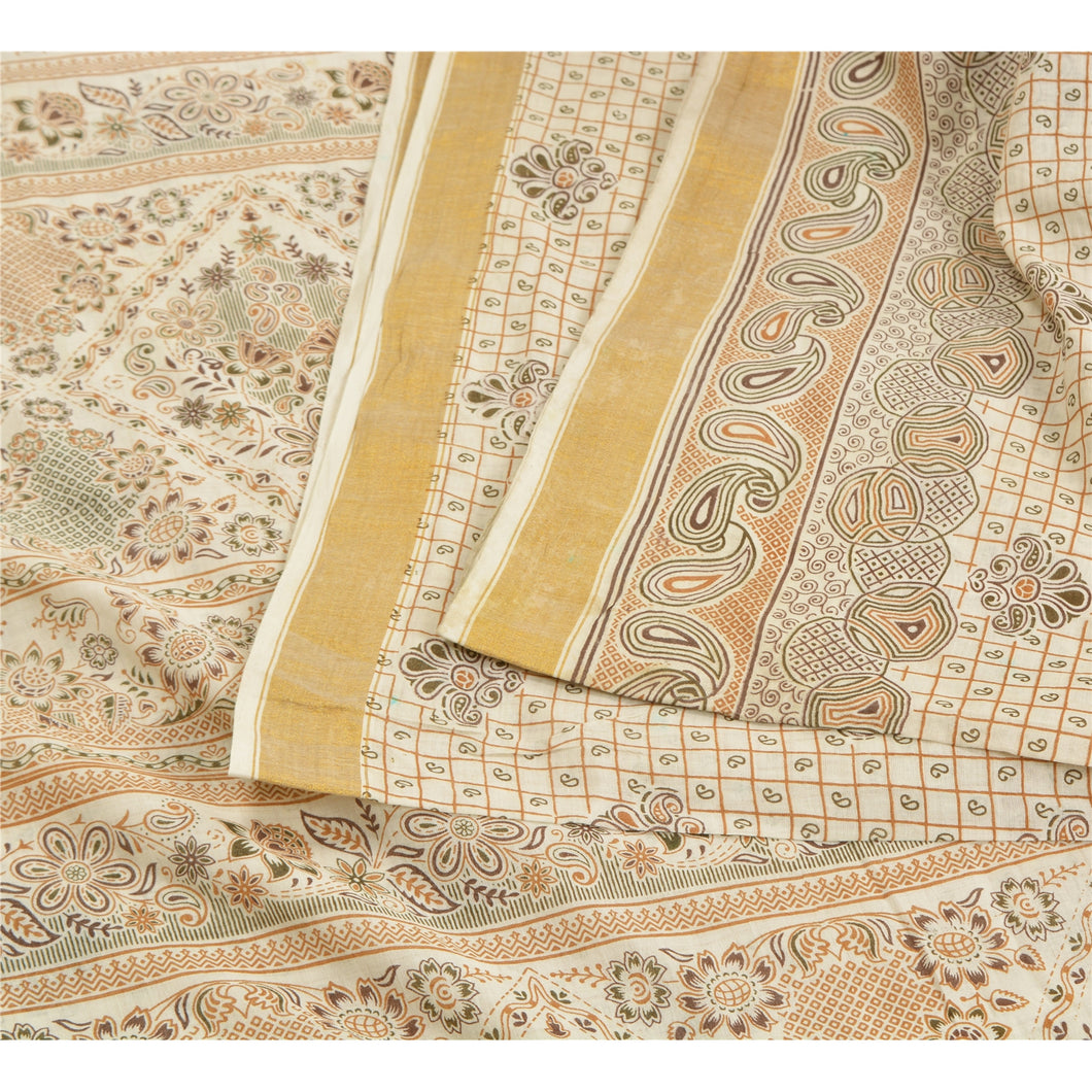 Sanskriti Vintage Sarees Ivory 100% Pure Cotton Printed Sari 5yd Craft Fabric