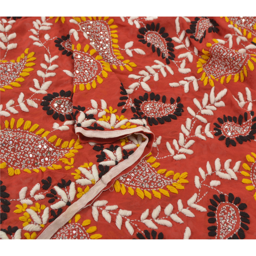 Sanskriti Red Heavy Dupatta Georgette Hand Embroidered Phulkari OOAK Wrap Stole
