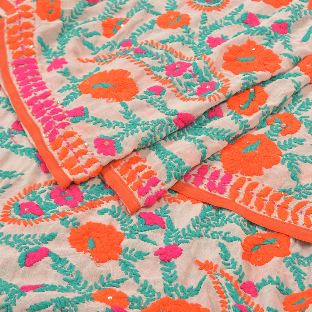 Sanskriti Vintage White Heavy Dupatta Georgette Handmade Traditional Phulkari OOAK Stole