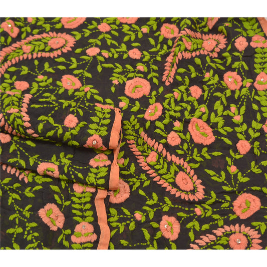 Sanskriti Vintage Heavy Dupatta Georgette Hand Embroidered Black Phulkari OOAK Stole