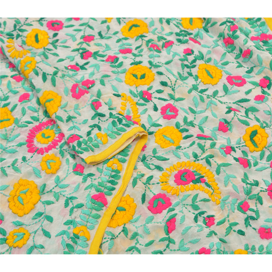 Sanskriti Vintage Heavy Dupatta Georgette White Hand Embroidered Phulkari OOAK Stole