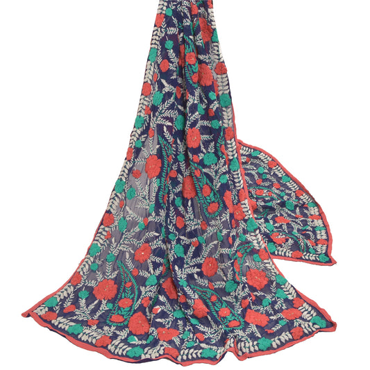 Sanskriti Vintage Heavy Dupatta Georgette Blue Hand Embroidered Phulkari OOAK Stole