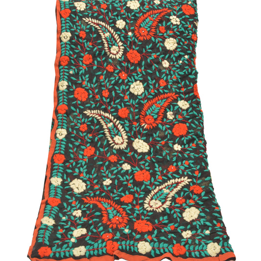 Sanskriti Vintage Heavy Dupatta Georgette Black Hand Embroidered Phulkari OOAK Stole