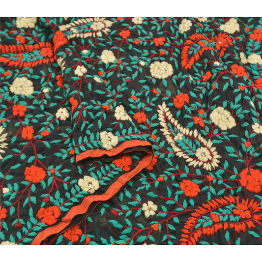 Sanskriti Vintage Heavy Dupatta Georgette Black Hand Embroidered Phulkari OOAK Stole