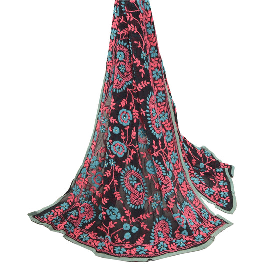 Sanskriti Vintage Heavy Dupatta Georgette Black Hand Embroidered Phulkari OOAK Stole
