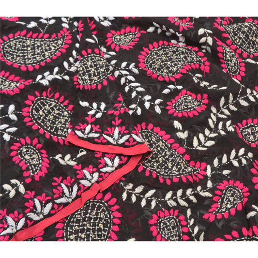 Sanskriti Vintage Heavy Dupatta Georgette Black Hand Embroidered Phulkari OOAK Stole