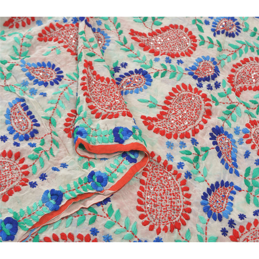 Sanskriti Vintage Heavy Dupatta Georgette White Hand Embroidered Phulkari OOAK Stole