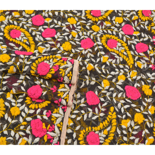 Sanskriti Vintage Heavy Dupatta Georgette Black Hand Embroidered Phulkari OOAK Stole