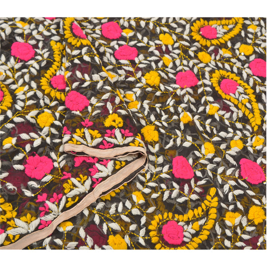 Sanskriti Vintage Heavy Dupatta Georgette Black Hand Embroidered Phulkari OOAK Stole