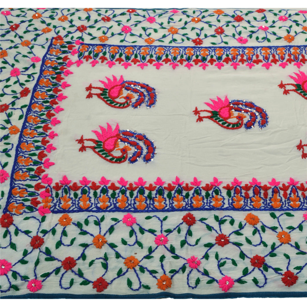 Sanskriti New White Heavy Dupatta OOAK Georgette Hand Embroidered Phulkari Stole