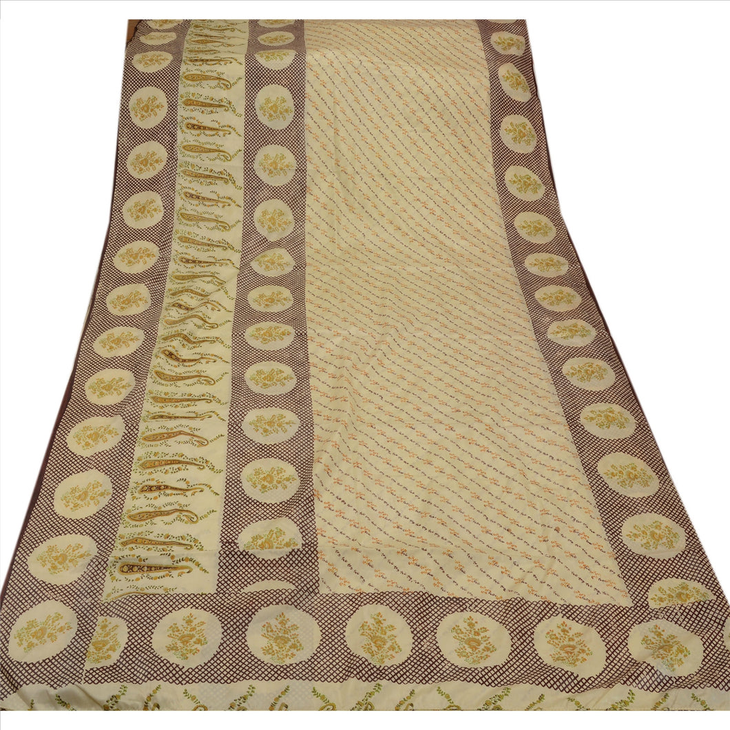 Vintage Indian Art Silk Saree Cream Printed Paisley Cultural Sari Craft Fabric