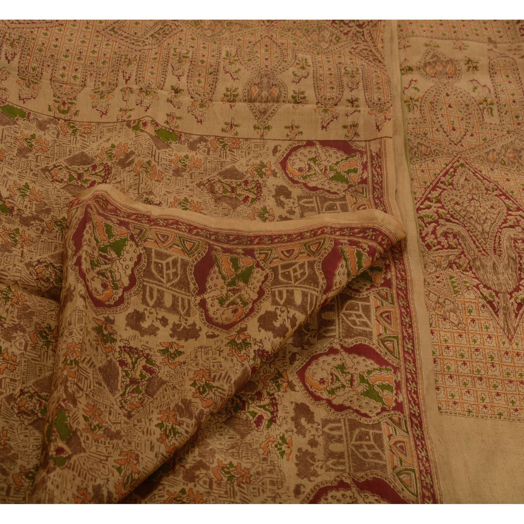 Vintage Human Printed Cultural Saree 100% Pure Silk Craft Fabric Saffron Sari