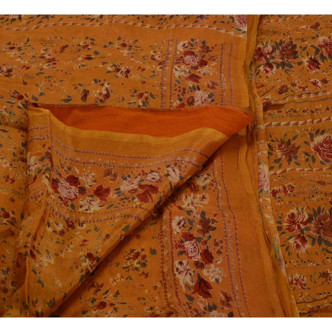 Vintage Indian Floral Printed Saree Silk Blend Craft Fabric Saffron Decor Sari