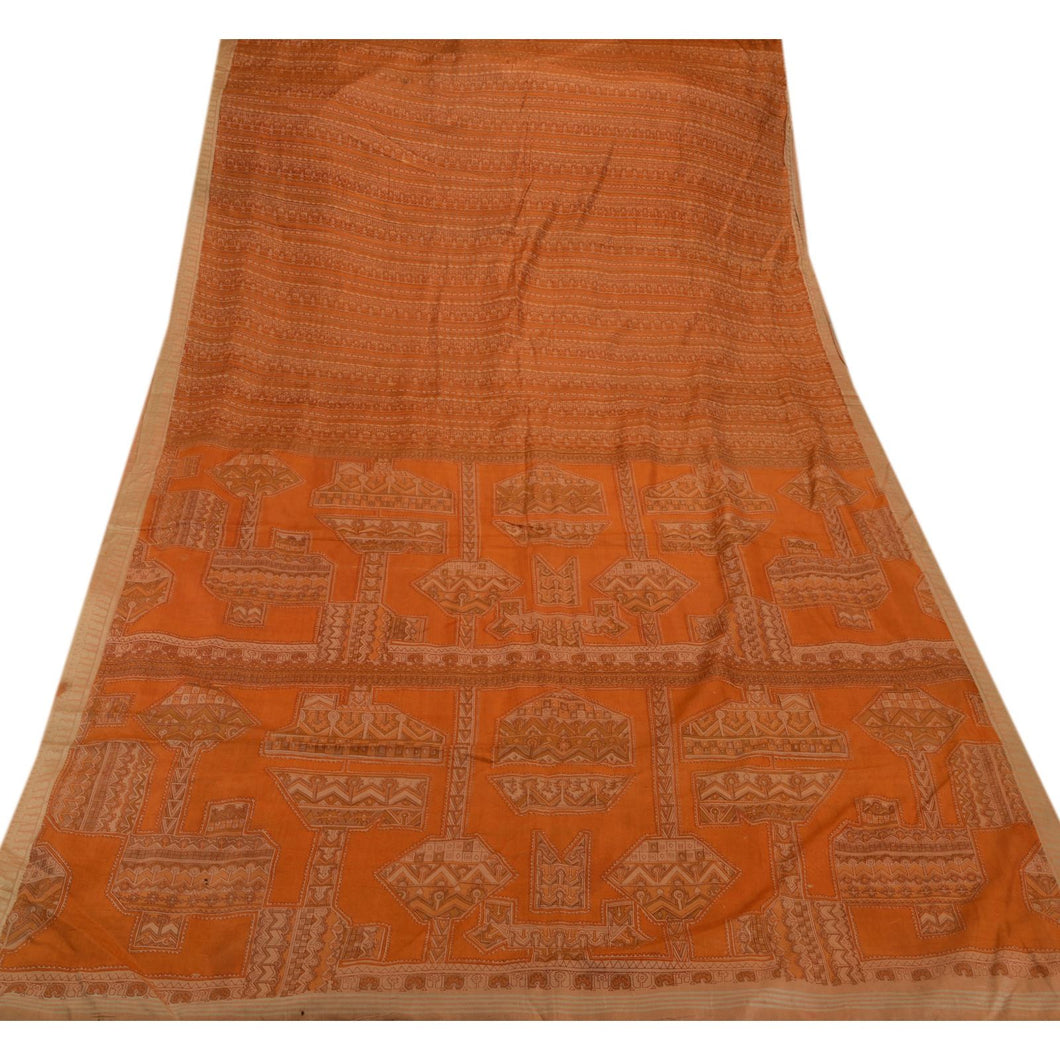 Sanskriti Vintage Indian Floral Printed Saree 100% Pure Silk Craft Fabric Saffron Sari