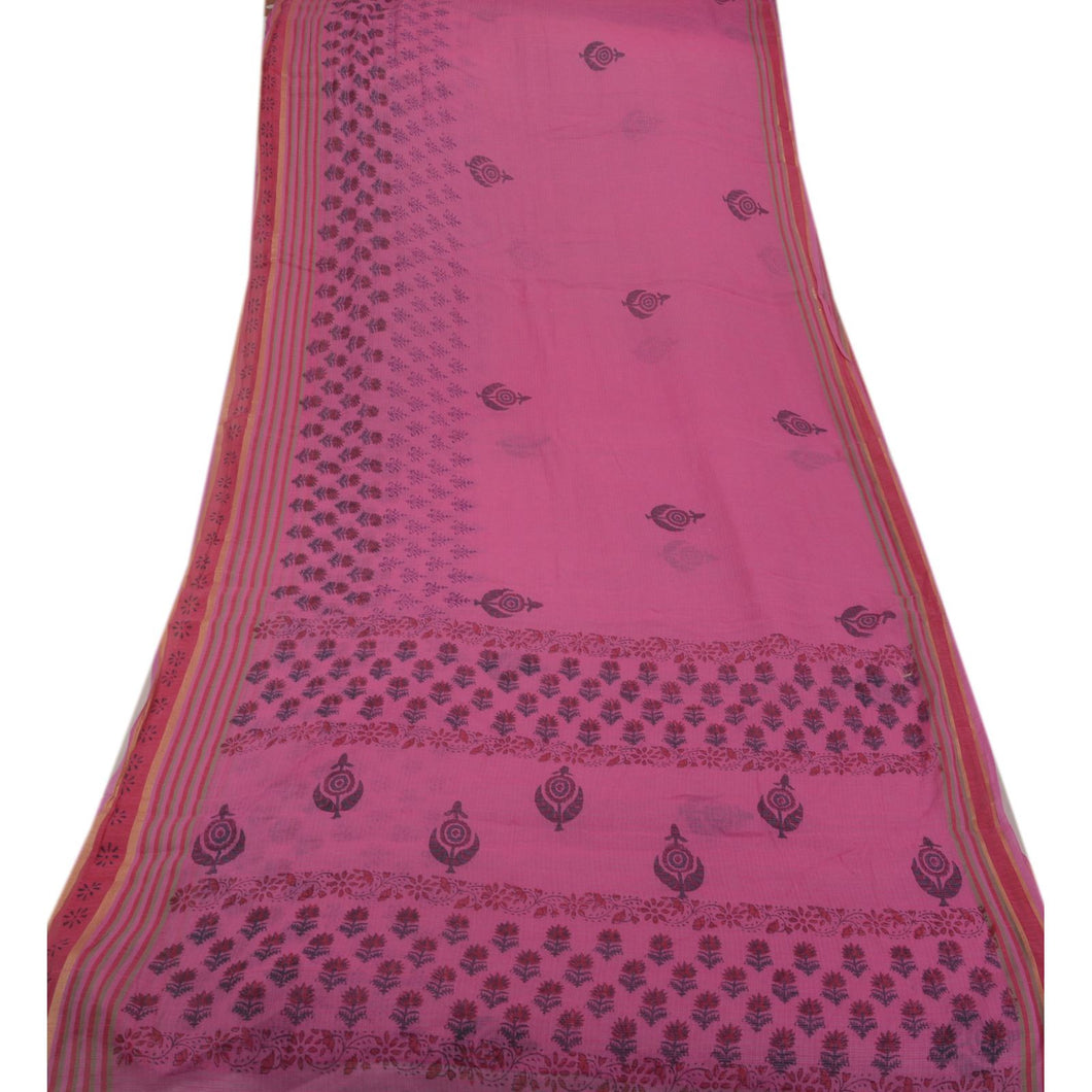 Sanskriti Vintage Indian Art Silk Saree Pink Floral Painted Kota Sari Craft 5 Yard Fabric