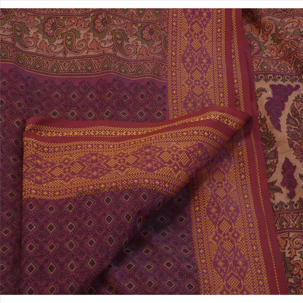 Vintage Indian Paisley Painted Saree Art Silk Craft Fabric Purple 5 Yard Sari