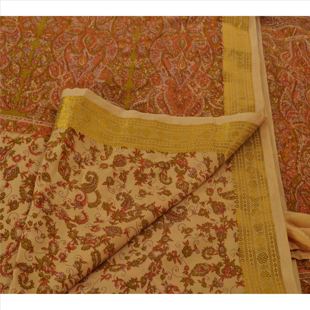 Sanskriti Vintage Indian Art Silk Saree Cream Printed Sari Craft Zari Border 5 Yard Fabric