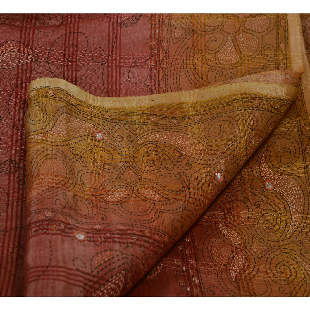 Sanskriti Vintage Indian Paisley Painted Saree Art Silk Craft Fabric Saffron Decor Sari