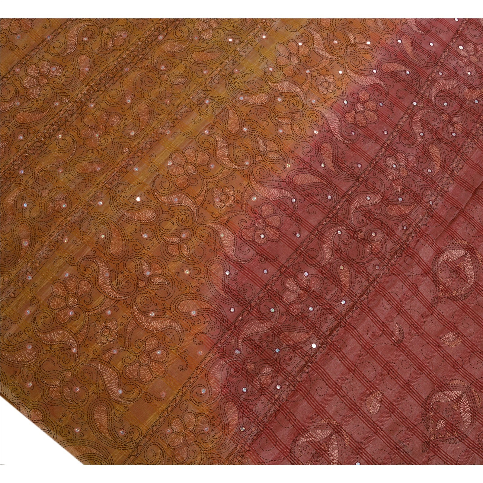 Sanskriti Vintage Saree Pink & Saffron Art Silk 5.5 Yard Saree Kantha Pattern Mirror Work Fabric Paisley Paint For Crafting, Upcycling