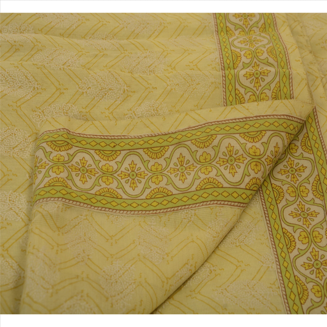 Sanskriti Vintage Indian Floral Painted Saree Art Silk Craft Fabric Cream Sari