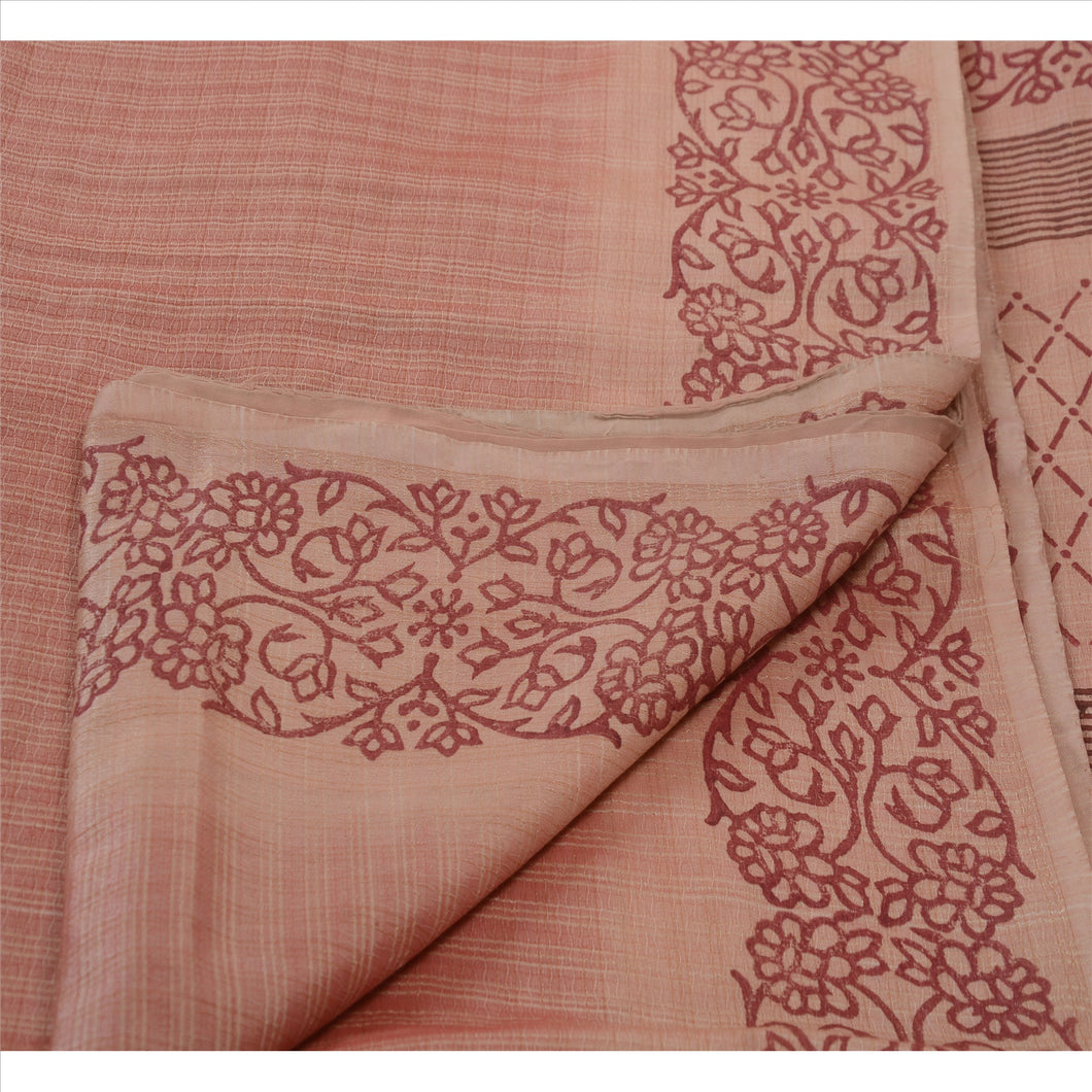 Sanskriti Vintage Indian Floral Painted Saree Art Silk Craft Fabric Peach Sari