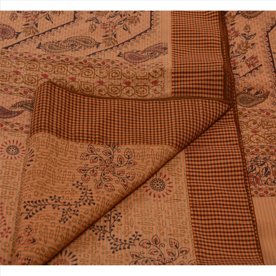 Sanskriti Vintage Art Silk Cultural Saree Peach Printed Sari Craft 5 Yard Fabric