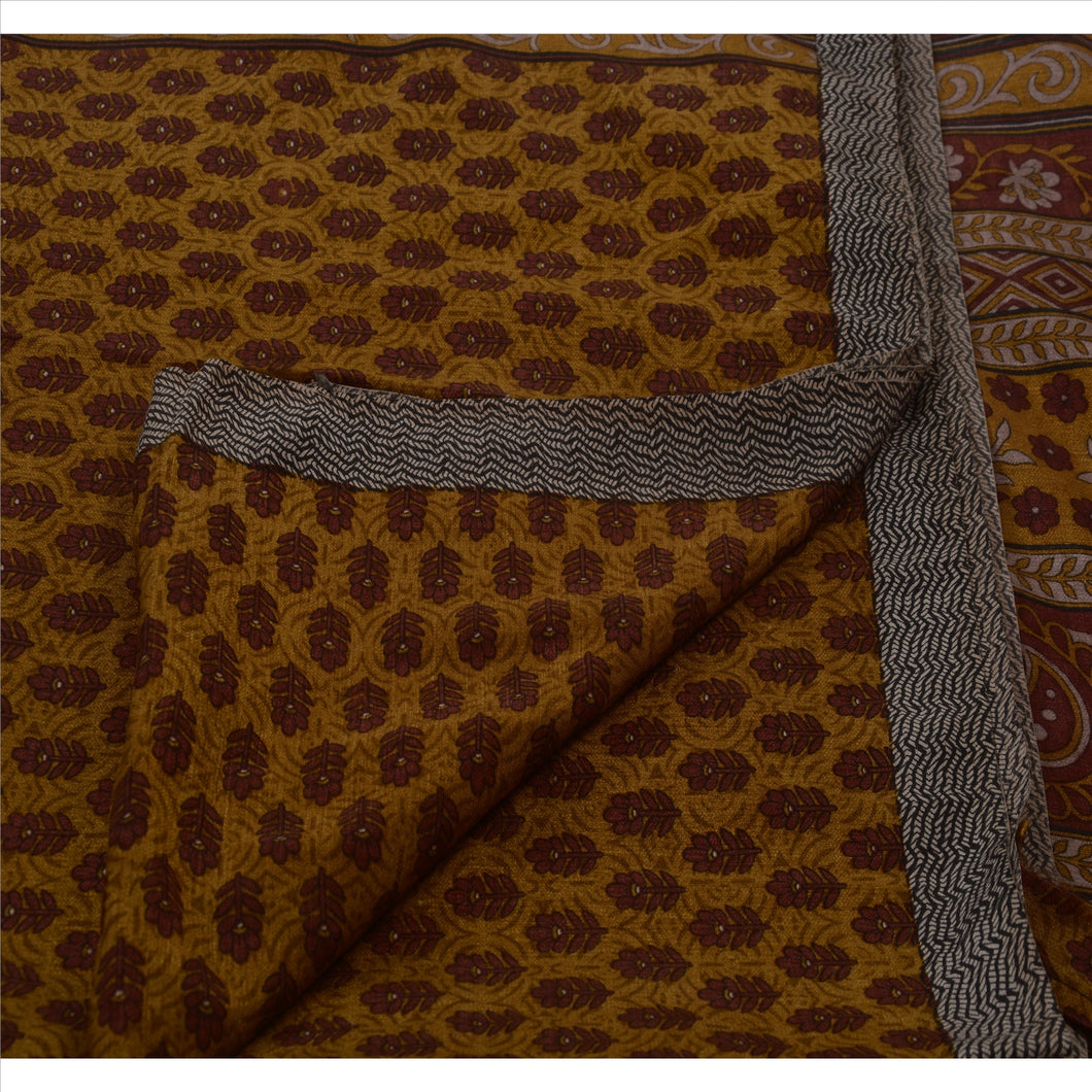 Vintage Indian Printed Decor Saree Art Silk Craft Fabric Saffron Cultural Sari