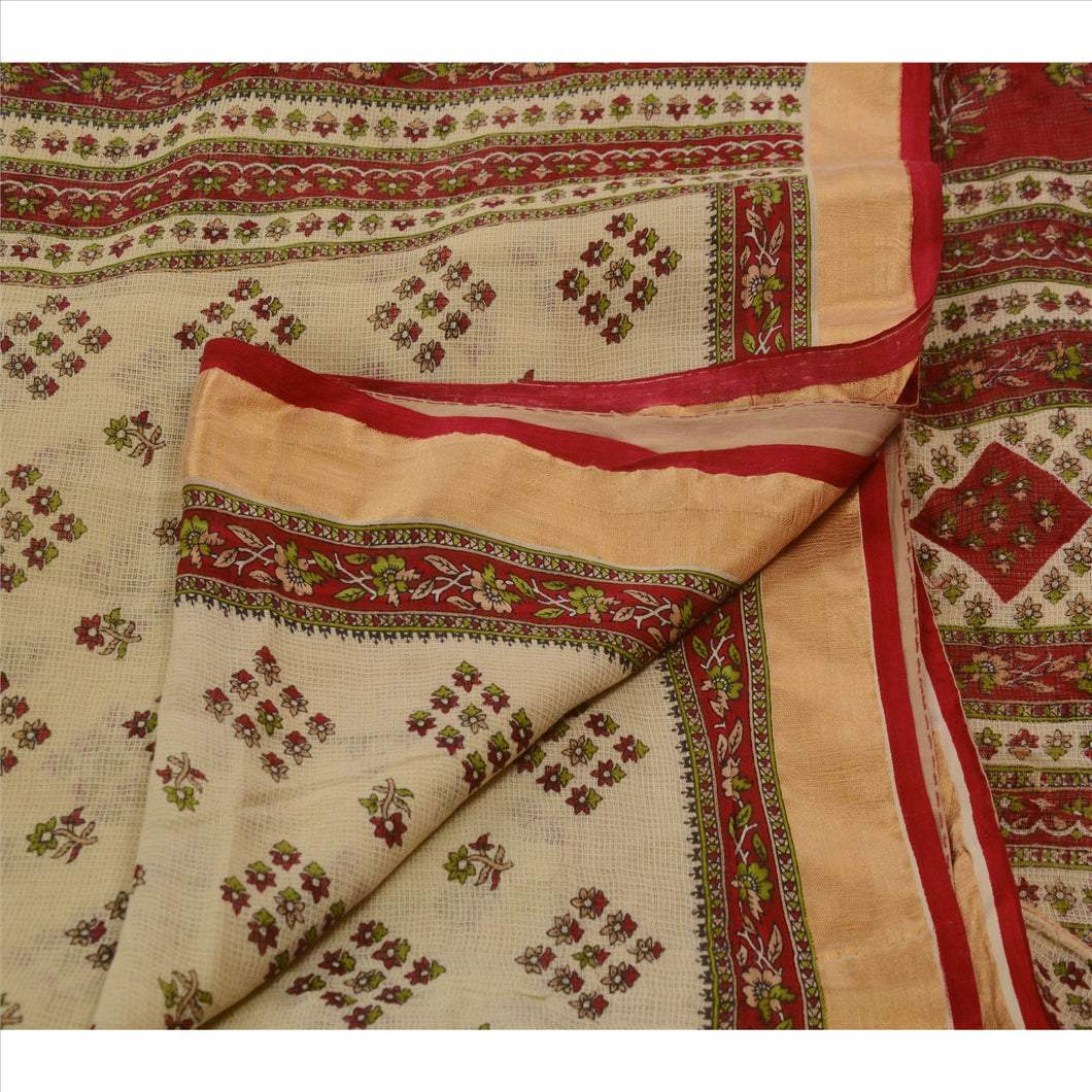 Vintage Floral Printed Saree Art Silk Craft Fabric Cream 5 Yard Cultural Sari