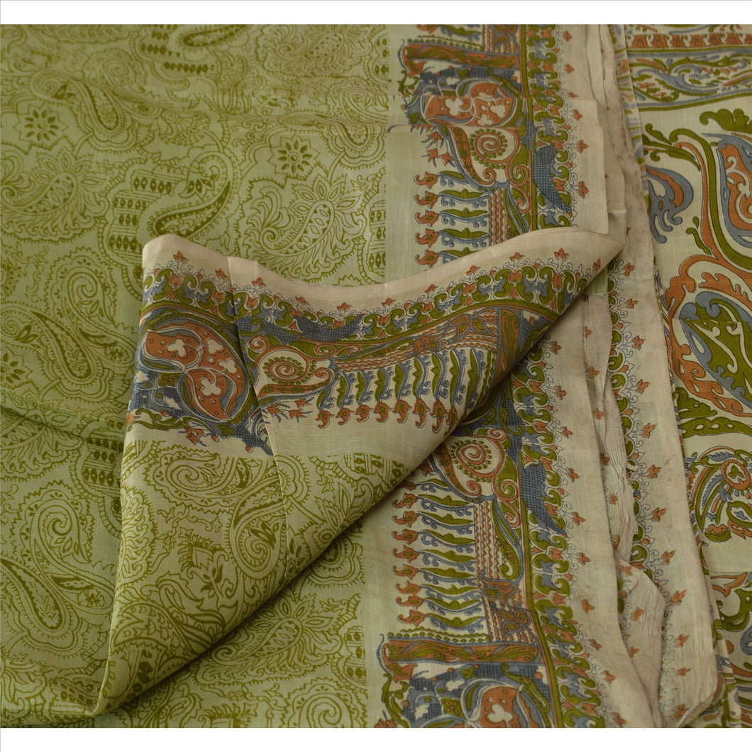 Vintage Indian Floral Printed Saree Silk Blend Craft Fabric Green Decor Sari