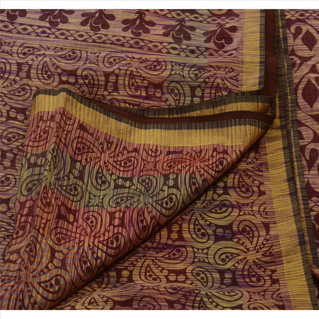 Vintage Indian Paisley Printed Saree Art Silk Craft Fabric Brown Decor Sari