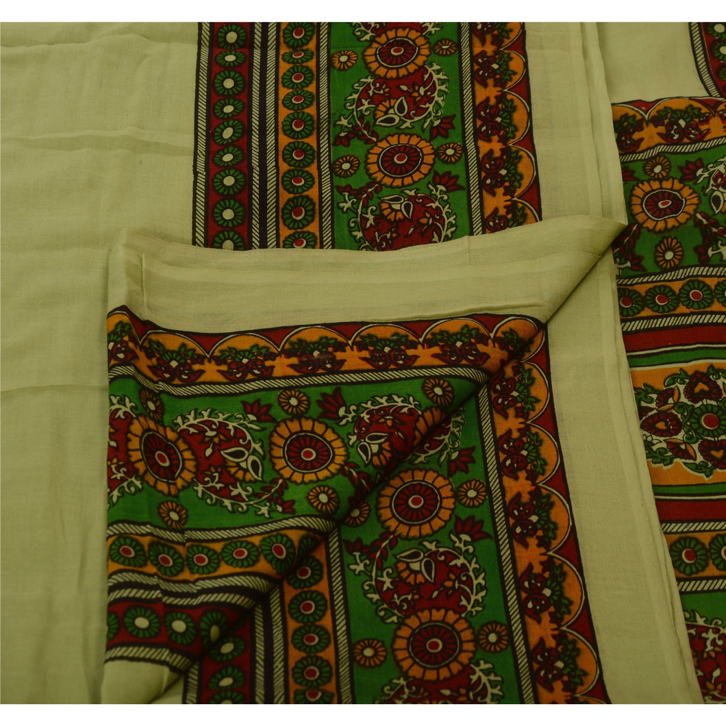 Vintage Indian Floral Printed Saree 100% Pure Cotton Craft Fabric Green Sari